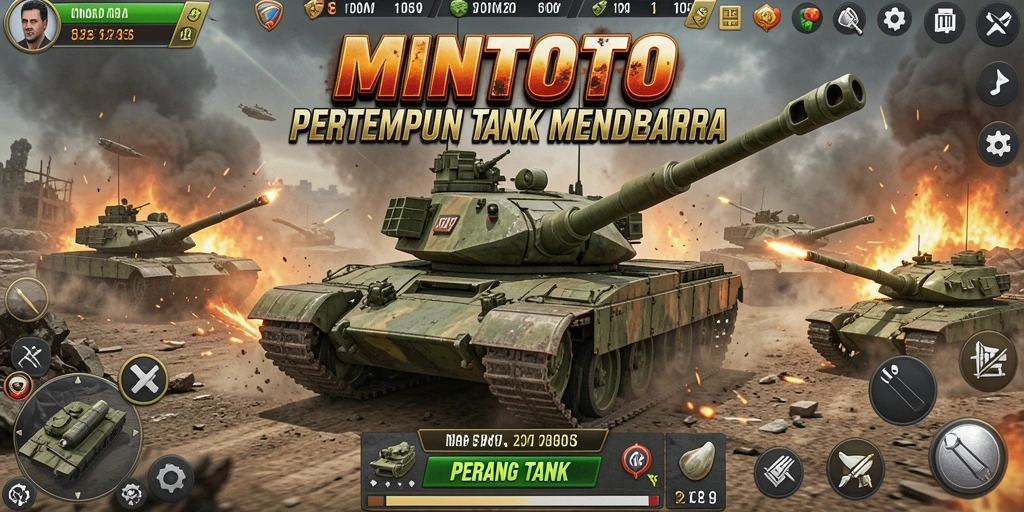 Screenshot MINTOTO memperlihatkan tank dalam pertempuran sengit di medan perang.